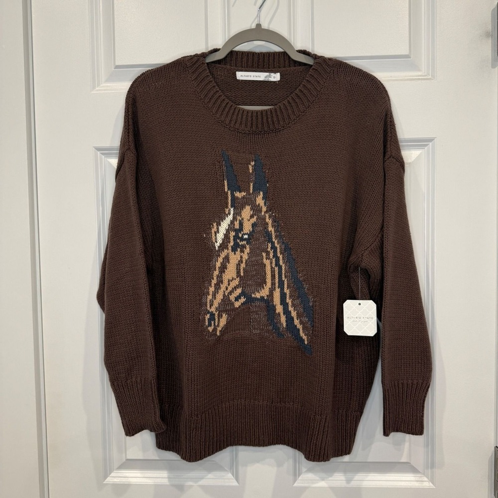 Altar'd State‎ Brown Horse Knit Crewneck Oversized Pullover Sweater Size Small - Picture 4 of 8